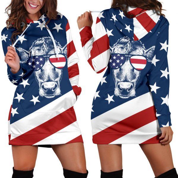 Cow Wear American Flag Glass Hoodie Dress