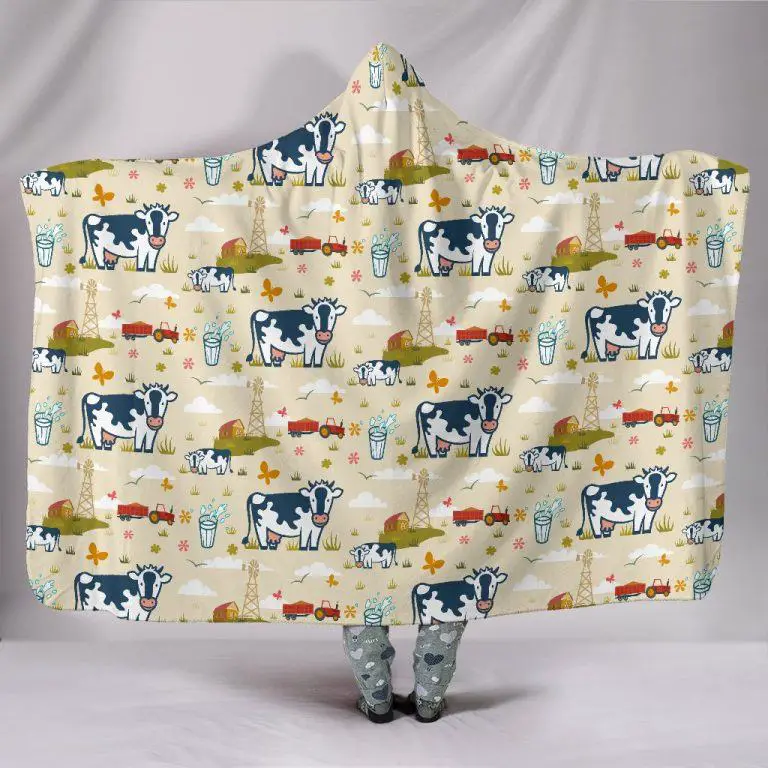 Farm Life with Dairy Cow, Tractor and Pasture Hooded Blanket Sand