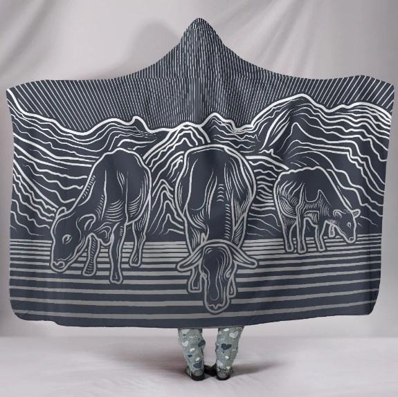 Three Cows Grazing in Moutain Hooded Blanket
