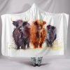 Watercolor Painting Highland Cattle Hooded Blanket