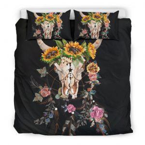 Cow head skull with Dreamcatcher and Sunflower bedding set king