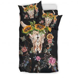 Cow head skull with Dreamcatcher and Sunflower bedding set twin
