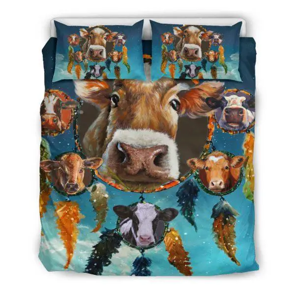Cows and Dreamcatcher in Snow bedding set queen