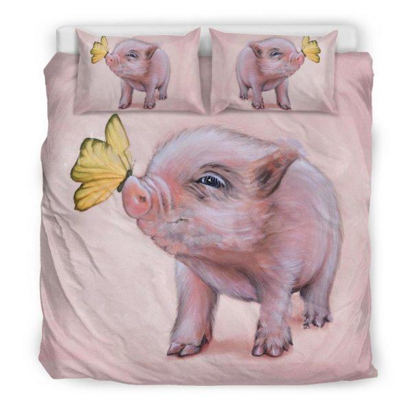 Drawing Cute Baby Pig with Butterfly Bedding Set King