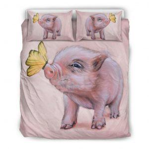 Drawing Cute Baby Pig with Butterfly Bedding Set Queen