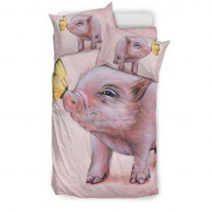 Drawing Cute Baby Pig with Butterfly Bedding Set Twin