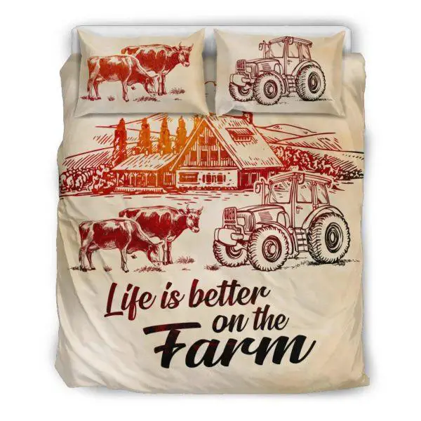 Life is better on farm with cows, tractor and barn bedding set queen