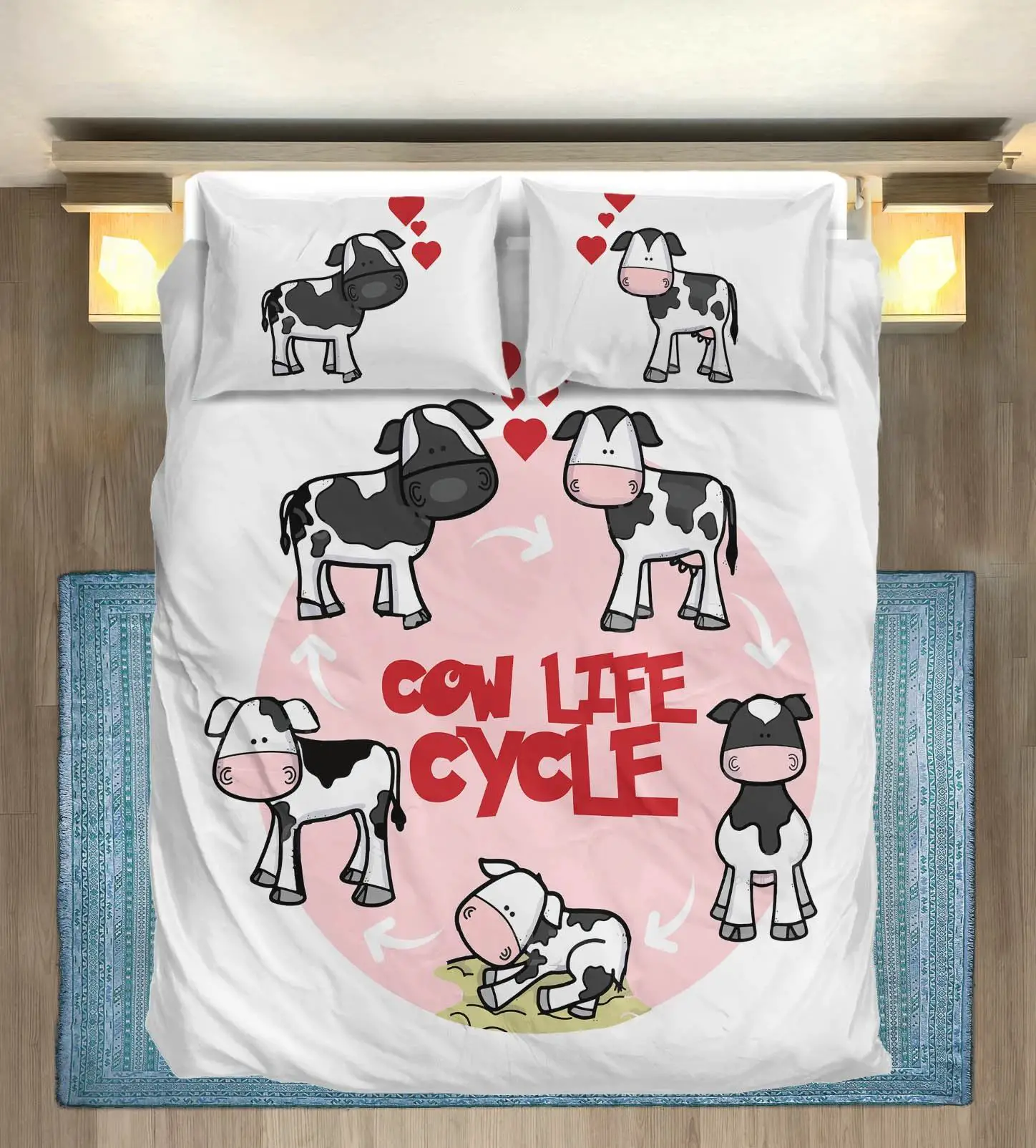 cute cow life cycle cartoon bedding set
