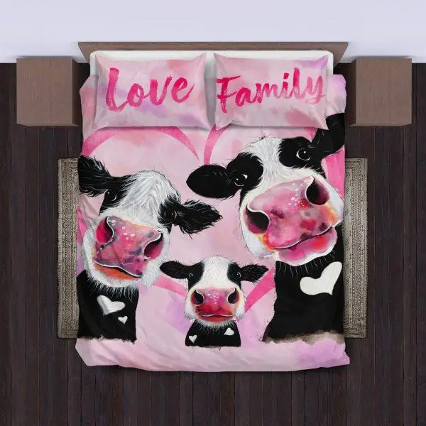 three pink cow love family with heart bedding set