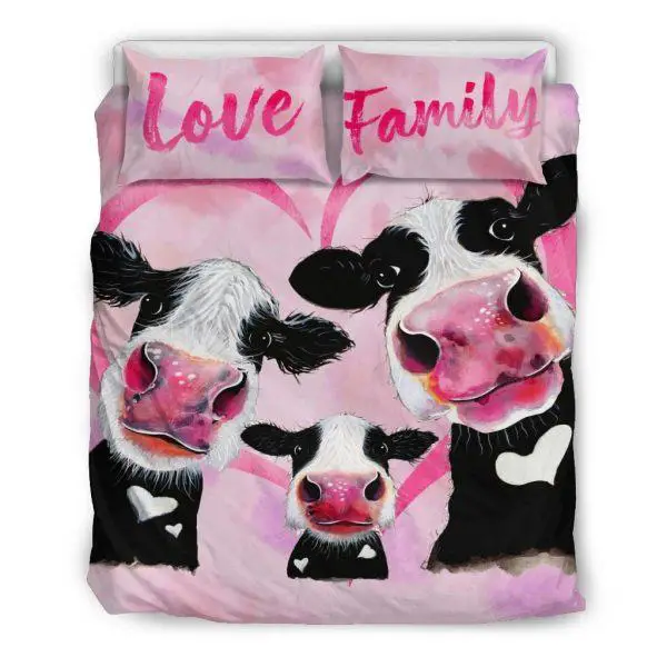 three pink cow love family with heart bedding set queen