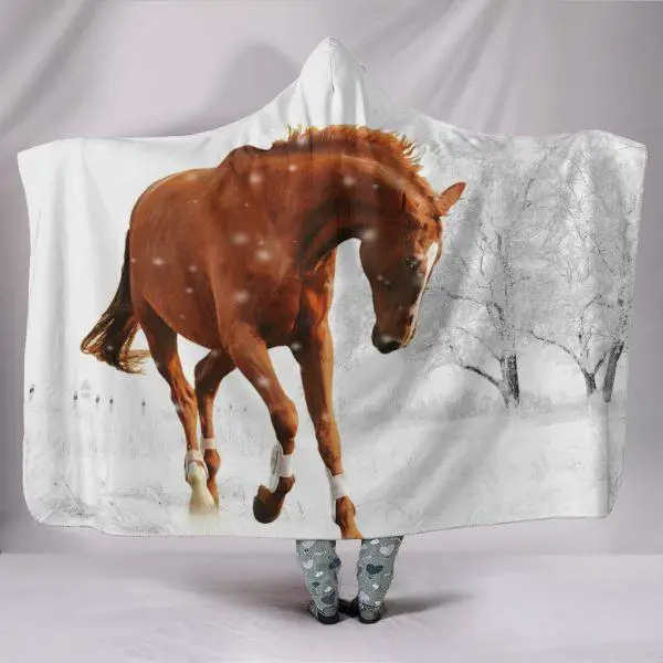 Brown Horse in Snow Forest Hooded Blanket
