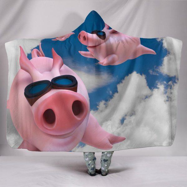 Cartoon Flying Pig with Cool Glass Hooded Blanket