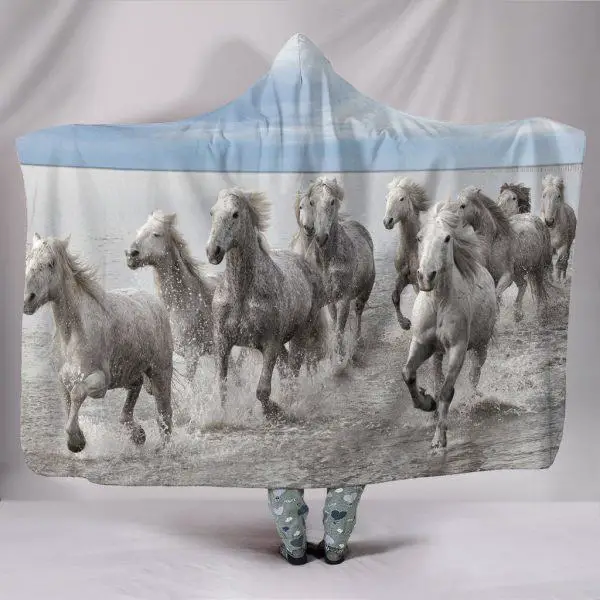 Group of White Horse Running Hooded Blanket