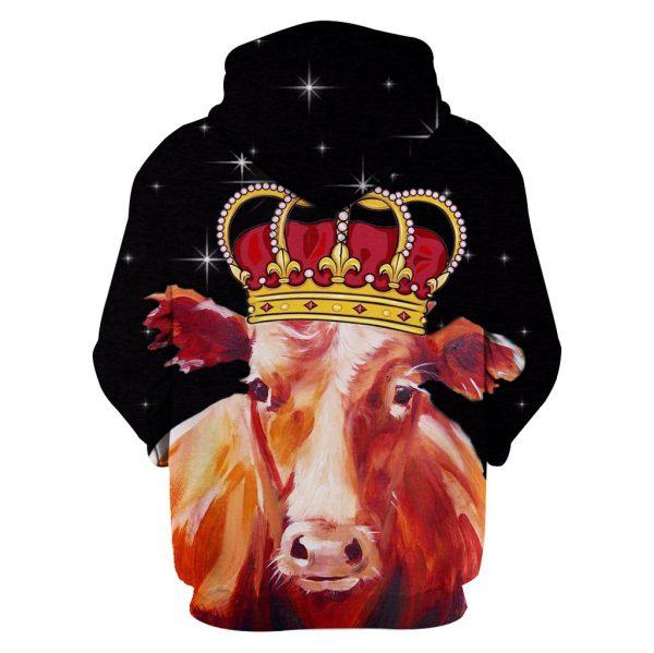 Brown Cow wearing a Crown 3D Hoodie Back