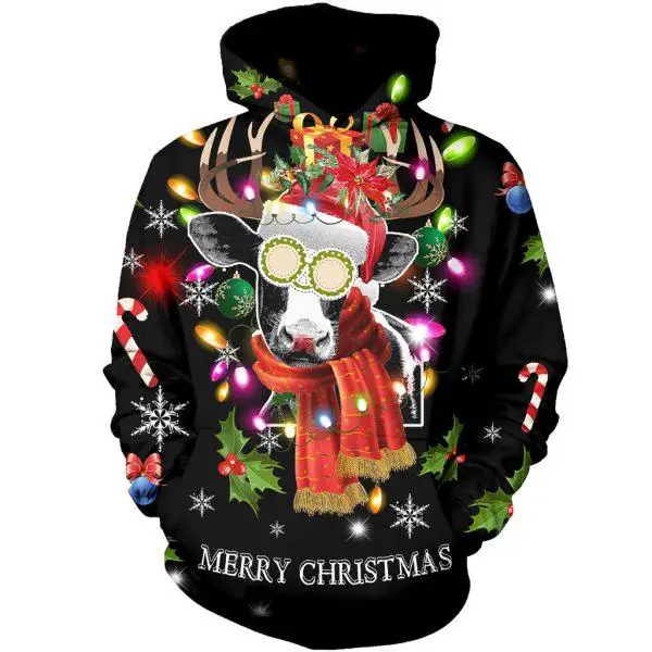 Funny Cow with Pair of Horns Merry Christmas 3D Hoodie