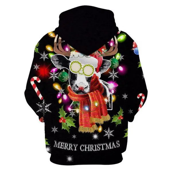 Funny Cow with Pair of Horns Merry Christmas 3D Hoodie back