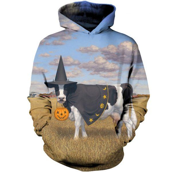 Funny Cow with Witch Hat and Pumpkin Cow Halloween 3D Hoodie