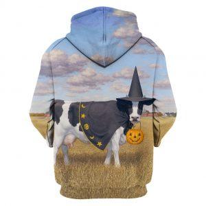 Funny Cow with Witch Hat and Pumpkin Cow Halloween 3D Hoodie Back